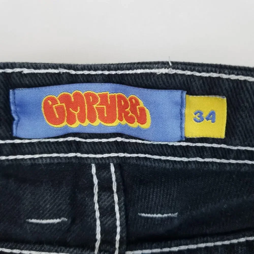 Empyre Jeans Mens 34 Black Relax Wide Leg Baggy Y2K Frayed Denim Skater